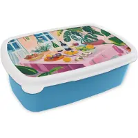 MuchoWow Broodtrommel Blauw - Lunchbox Tafel - Wijn - Fruit - Brooddoos 18x12x6 cm - Brood lunch box - Broodtrommels voor kinderen en volwassenen