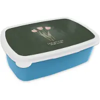 MuchoWow Broodtrommel Blauw - Lunchbox Tulpen - Roze - Tekst - Love - Brooddoos 18x12x6 cm - Brood lunch box - Broodtrommels voor kinderen en volwassenen