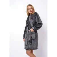 Aruelle Luxe badjas dames – kort model – grijze badjas met kroon borduringen - damesbadjas zacht – luxury bathrobe – 100% fleece – maat XS