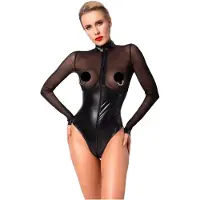 Noir - bodysuit - transparant inzetstuk - glanzend zwart - XL
