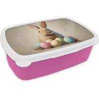 MuchoWow Broodtrommel Roze - Lunchbox Paashaas - Pastel - Eieren - Brooddoos 18x12x6 cm - Brood lunch box - Broodtrommels voor kinderen en volwassenen