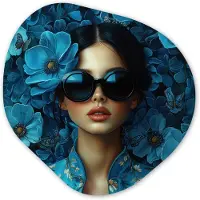 MuchoWow Organische wanddecoratie 40x40 cm - Organisch schilderij Vrouw - Bloemen - Blauw - Aesthetic - Luxe - Muurdecoratie woonkamer - Kamer decoratie - Schilderijen - Muurcirkel aesthetic