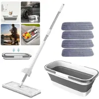 - Opvouwbare dweil- en emmerset - Opvouwbare multifunctionele emmer - Met wringerkit - Handsfree - Wordt geleverd met 4 wasbare microvezelmoppen - Nat en droog- Opvouwbare emmer - DWEIL