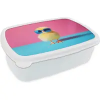 MuchoWow Broodtrommel Wit - Lunchbox Kuiken - Zonnebril - Blauw - Brooddoos 18x12x6 cm - Brood lunch box - Broodtrommels voor kinderen en volwassenen