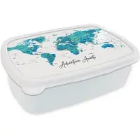 MuchoWow Broodtrommel Wit - Lunchbox Wereldkaart - Blauw - Kleurrijk - Brooddoos 18x12x6 cm - Brood lunch box - Broodtrommels voor kinderen en volwassenen