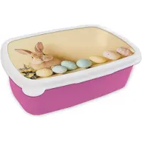 MuchoWow Broodtrommel Roze - Lunchbox Eieren - Konijn - Pasteltinten - Brooddoos 18x12x6 cm - Brood lunch box - Broodtrommels voor kinderen en volwassenen