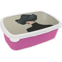 MuchoWow Broodtrommel Roze - Lunchbox Vrouw - Groen - Hoed - Brooddoos 18x12x6 cm - Brood lunch box - Broodtrommels voor kinderen en volwassenen