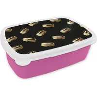 MuchoWow Broodtrommel Roze - Lunchbox Macarons - Patroon - Goud - Zwart - Brooddoos 18x12x6 cm - Brood lunch box - Broodtrommels voor kinderen en volwassenen