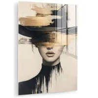 MuchoWow Glasschilderij 120x160 cm - Schilderij acrylglas - Vrouw - Hoed - Verf - Foto op glas - Muurdecoratie woonkamer - Wanddecoratie slaapkamer - Schilderijen