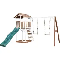 Axi Beach Tower Speeltoestel van hout in Bruin en Wit | Speeltoren met zandbak, dubbele schommel en groene Glijbaan | Speelhuis op palen voor de tuin