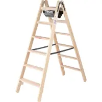 MUNK Günzburger Steigtechnik houten trap, naaldhout/beuken, 80 mm geribbeld, hoefijzerscharnieren, 150 kg, emmerhaak, textiel gordelspreider veiligheidsvoorziening, 12 treden