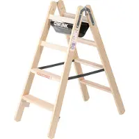 MUNK Günzburger Steigtechnik houten trap, naaldhout/beuken, 80 mm geribbeld, hoefijzerscharnieren, 150 kg, emmerhaken, textiel gordelspreider veiligheidsvoorziening, 8 treden