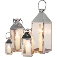 Kare Lantaarn Giardino zilver, set van 4, roestvrij staal, glas, alu / grijs / zink, Woon-/ Eetkamer, Roestvrij staal, Design
