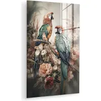 MuchoWow Glasschilderij 40x60 cm - Schilderij acrylglas - Papegaaien - Vogels - Natuur - Bloemen - Foto op glas - Muurdecoratie woonkamer - Wanddecoratie slaapkamer - Schilderijen