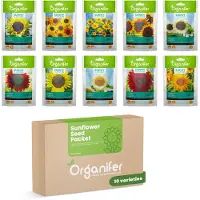 Organifer Zonnebloem Zadenpakket - 10 Soorten - Zonnebloem Zaadjes - Zonnebloemen - Bloemenzaad - Bloemzaadjes - Zonnebloem Zaad - Non-GMO - Inclusief Avondzon & Moonwalker - Organifer