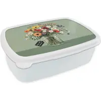 MuchoWow Broodtrommel Wit - Lunchbox Bloemen - Vaas - Kaartje - Brooddoos 18x12x6 cm - Brood lunch box - Broodtrommels voor kinderen en volwassenen