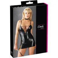 Cottelli collection – Mini Jurk met Scherpe Veters in een Glanzende Wetlook Variant voor Pret en Uitdaging – Maat L - Zwart