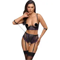 Cottelli Bondage - bh-set en armboeien (zwart-paars) - XL