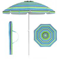 Costway 182cm strandparaplu met zandanker, Patio paraplu met drukknop kantel & UPF 50 + bescherming, draagbare parasol met draagtas voor tuin, strand, buiten