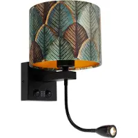 QAZQA Wandlamp zwart met velours lampenkap blad dessin met gouden binnenkant - Brescia Combi