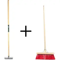 Synx Store Synx Tools Tuinhark 10 Tanden verzinkt + Nylon Straatbezem 35 cm - Kunststof haren - Bodembewerkers - Onkruidverwijderaar – Schrobborstels – Buitenbezem met steel 150 cm – Hark met steel 150 cm