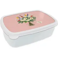 MuchoWow Broodtrommel Wit - Lunchbox Bloemen - Lint - Kaartje - Brooddoos 18x12x6 cm - Brood lunch box - Broodtrommels voor kinderen en volwassenen