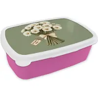 MuchoWow Broodtrommel Roze - Lunchbox Lint - Boeket - Groen - Quote - Brooddoos 18x12x6 cm - Brood lunch box - Broodtrommels voor kinderen en volwassenen