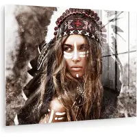 MuchoWow Glasschilderij 160x120 cm - Schilderij acrylglas - Vrouw - Indianentooi - Veren - Strepen - Foto op glas - Muurdecoratie woonkamer - Wanddecoratie slaapkamer - Schilderijen