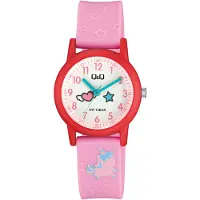 Q&Q V23A-008VY - Horloge - Sport - Analoog - Kinderen - Unisex - Plastic band - Rond - Kunststof - Cijfers - Eenhoorn - Sterretjes - Roze - Rood - Turkoois - Wit - 10 ATM
