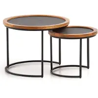 Wohnling Salontafel, set van 2, mango massief hout / steenlook, ronde salontafel, settafel met metalen frame, moderne salontafel, bijzettafel