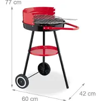 Relaxdays houtskoolgrill met wielen, diameter 42 cm, geschikt voor picknick, tuin en park, met grillrooster, windscherm, rond grilloppervlak, zwart/rood