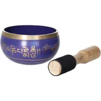 Gerimport Tibetaanse klankschaal met oosterse print - paars - met aanstrijkhout - messing - D12 x H7 cm - yoga/meditatie