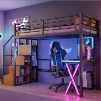 Merax mezzanine bed - 90x200cm - met LED-verlichting - opbergladder - bureau - kledingkast - planken - zonder matras - zwart