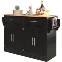 Merax Keukenwagen met Uitklapbaar Blad – 120x46(70)x91 cm – Zwart met Hout Bruin – Op Wielen – Serveerwagen met Lades en Opbergkast