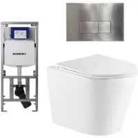 Geberit QeramiQ Dely Toiletset - 36.3x51.7cm - diepspoel - rimless - Geberit UP320 Burda inbouwreservoir - softclose toiletzitting - steel bedieningsplaat - rechtehoekige knoppen - wit glans
