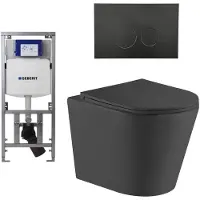 Geberit QeramiQ Dely Toiletset - 36.3x51.7cm - diepspoel - rimless - UP320 inbouwreservoir - met Burda frame - softclose toiletzitting - mat zwarte bedieningsplaat - ronde knoppen - zwart mat