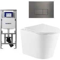 Geberit QeramiQ Dely Toiletset - 36.3x51.7cm - diepspoel - rimless - UP320 inbouwreservoir - met Burda frame - softclose toiletzitting - gunmetal bedieningsplaat - rechtehoekige knoppen - glans wit