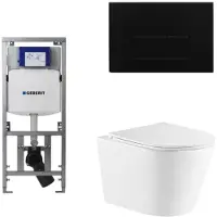 Geberit QeramiQ Dely Toiletset - 36.3x51.7cm - diepspoel - rimless - UP320 inbouwreservoir - met Burda frame - softclose toiletzitting - mat zwarte bedieningsplaat - rechtehoekige knoppen - wit glans