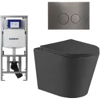 Geberit QeramiQ Dely Toiletset - 36.3x51.7cm - diepspoel - rimless - UP320 inbouwreservoir - met Burda frame - softclose toiletzitting - gunmetal bedieningsplaat - ronde knoppen - mat zwart