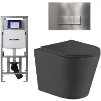 Geberit QeramiQ Dely Toiletset - 36.3x51.7cm - diepspoel - rimless - UP320 inbouwreservoir - met Burda frame - softclose toiletzitting - steel bedieningsplaat - rechtehoekige knoppen - mat zwart