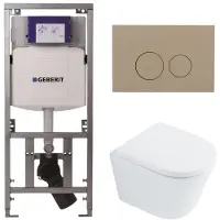 Geberit QeramiQ Dely Toiletset - 36.3x51.7cm - diepspoel - rimless - UP320 inbouwreservoir - met Burda frame - softclose toilet zitting - 35mm - bedieningsplaat taupe - ronde knoppen - glans wit