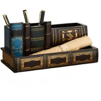 Decopatent - Vintage Houten Pennenbak - Pennenhouder - Desk - Bureau organizer met 4 vakken - Hout - Pennenbakjes -Vintage Boeken Design - Afm: 24x12x11.5 Cm.