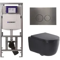 Geberit QeramiQ Dely Swirl Toiletset - 36.3x51.7cm - UP320 inbouwreservoir - met Burda frame - 35mm zitting - gunmetal bedieningsplaat - ronde knoppen - mat zwart 0701131/SW706198/SW1000769/SW1026258