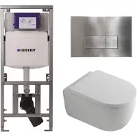 Geberit QeramiQ Dely Swirl Toiletset - 36.3x51.7cm - diepspoel - rimless - UP320 inbouwreservoir - met Burda frame - 35mm zitting - steel bedieningsplaat - rechtehoekige knoppen - wit mat