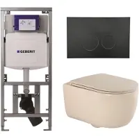 Geberit QeramiQ Dely Swirl Toiletset - 36.3x51.7cm - UP320 inbouwreservoir - met Burda frame - slim zitting - mat zwarte metalen bedieningsplaat - ronde knoppen - mat beige