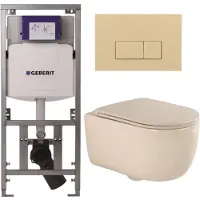 Geberit QeramiQ Dely Swirl Toiletset - 36.3x51.7cm - UP320 inbouwreservoir - met Burda frame - slimzitting - bedieningsplaat beige - rechthoekige knoppen - beige 0701131/SW1102366/SW1000770/SW1026259