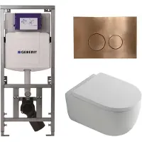 Geberit QeramiQ Dely Swirl Toiletset - 36.3x51.7cm - UP320 inbouwreservoir - met Burda frame - 35mm zitting - koperen bedieningsplaat - ronde knoppen - glans wit 0701131/SW706196/SW1159505/SW106256