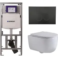 Geberit QeramiQ Dely Swirl Toiletset - 36.3x51.7cm - UP320 inbouwreservoir - met Burda frame - slim zitting - mat zwarte bedieningsplaat - ronde knoppen - mat wit 0701131/SW706188/SW1000766/SW1026257