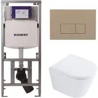 Geberit QeramiQ Dely Toiletset - 36.3x51.7cm - diepspoel - rimless - UP320 inbouwreservoir - met Burda frame - softclose toilet zitting 35 mm - bedieningsplaat taupe - rechthoekige knoppen - wit glans