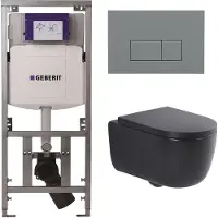 Geberit QeramiQ Dely Swirl Toiletset - 36.3x51.7cm - UP320 inbouwreservoir - met Burda frame - slimzitting - bedieningsplaat licht grijs - rechthoekige knoppen - mat zwart